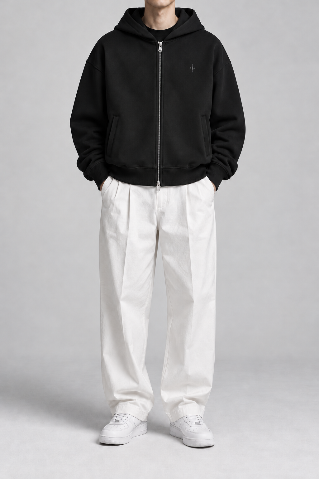 AI concept: black hood zip-up worn with white tuck cotton pants