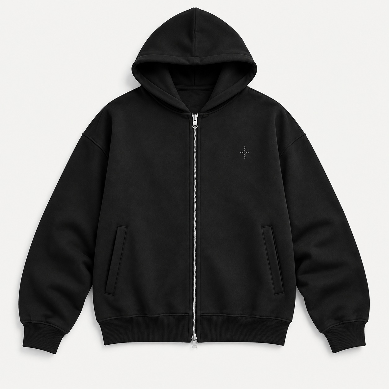 AI concept: black heavy hood zip-up shown on its own
