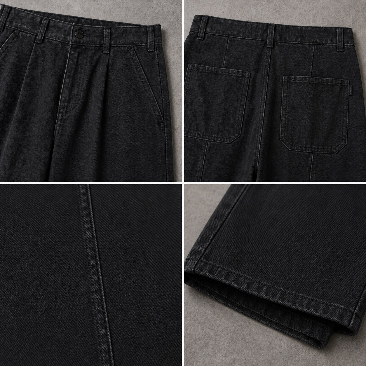 원턱, 포켓, 허리밴드, 봉제선과 워시드 코튼 표면을 보여 주는 WASHED WIDE COTTON PANTS 디지털 구조 디테일