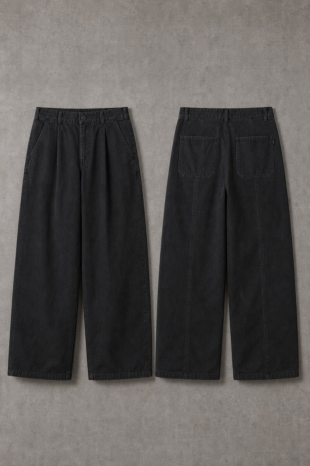 와이드 스트레이트 실루엣과 워시드 블랙 표면을 보여 주는 WASHED WIDE COTTON PANTS 앞면과 뒷면 디지털 제품 콘셉트