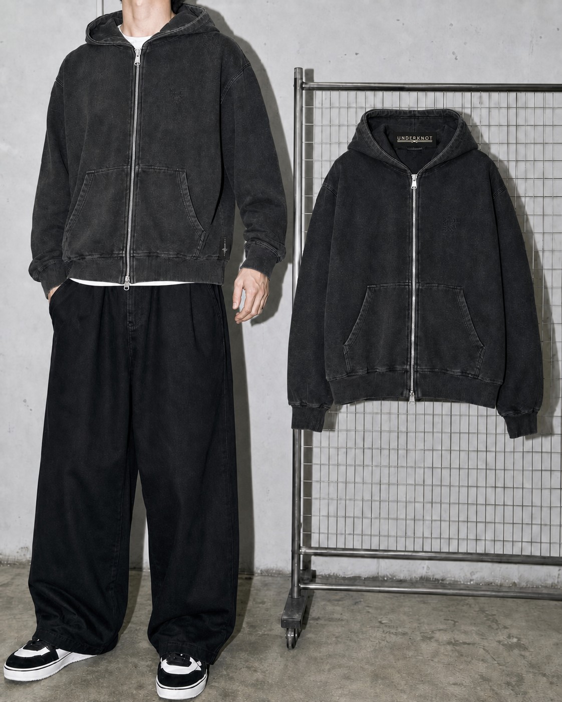 UNDERKNOT HEAVY HOOD ZIP-UP의 얼굴을 드러내지 않은 모델 착용 콘셉트와 제품 플랫 이미지. 실제 제품의 디테일은 달라질 수 있습니다