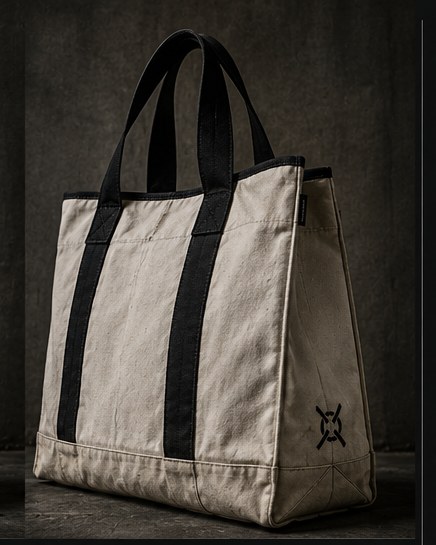 UNDERKNOT WASHED CANVAS WORK TOTE 디지털 콘셉트. 오프화이트 18oz 캔버스에 블랙 웨빙 스트랩과 X-박스 스티치. 실제 제품의 디테일은 달라질 수 있습니다