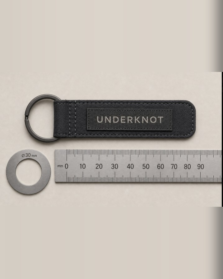 UNDERKNOT WOVEN LABEL KEYRING 제품 플랫 콘셉트. 차콜 트윌 스트랩과 건메탈 30mm 링. 실제 제품의 디테일은 달라질 수 있습니다