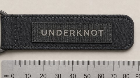 Close digital design detail of the WOVEN LABEL KEYRING showing the charcoal twill strap, black woven label with warm-ecru lettering, edge stitching and gunmetal 30 mm split ring beside a steel ruler for scale