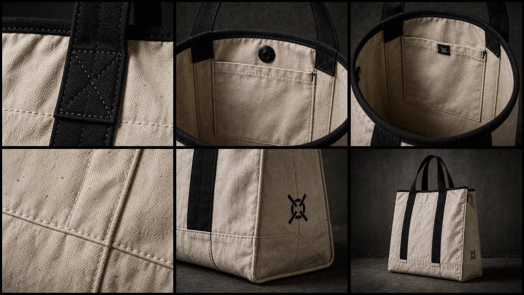 Six-panel digital design detail of the WASHED CANVAS WORK TOTE showing the black webbing handle with X-box reinforcement, hidden magnet snap, single inside pocket, washed canvas texture, structured side gusset and full product view