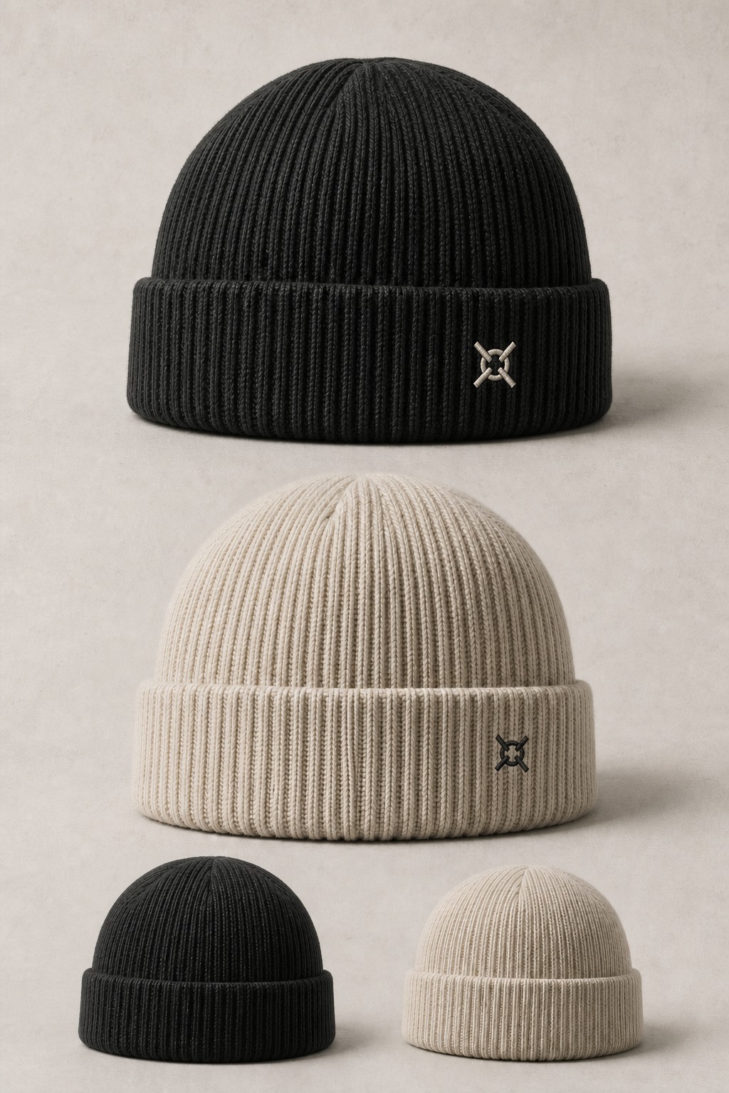 작게 줄인 측면 엠블럼과 워시드 블랙, 본 컬러 시각 방향을 보여 주는 WASHED RIB KNIT BEANIE 제품 개발 보드