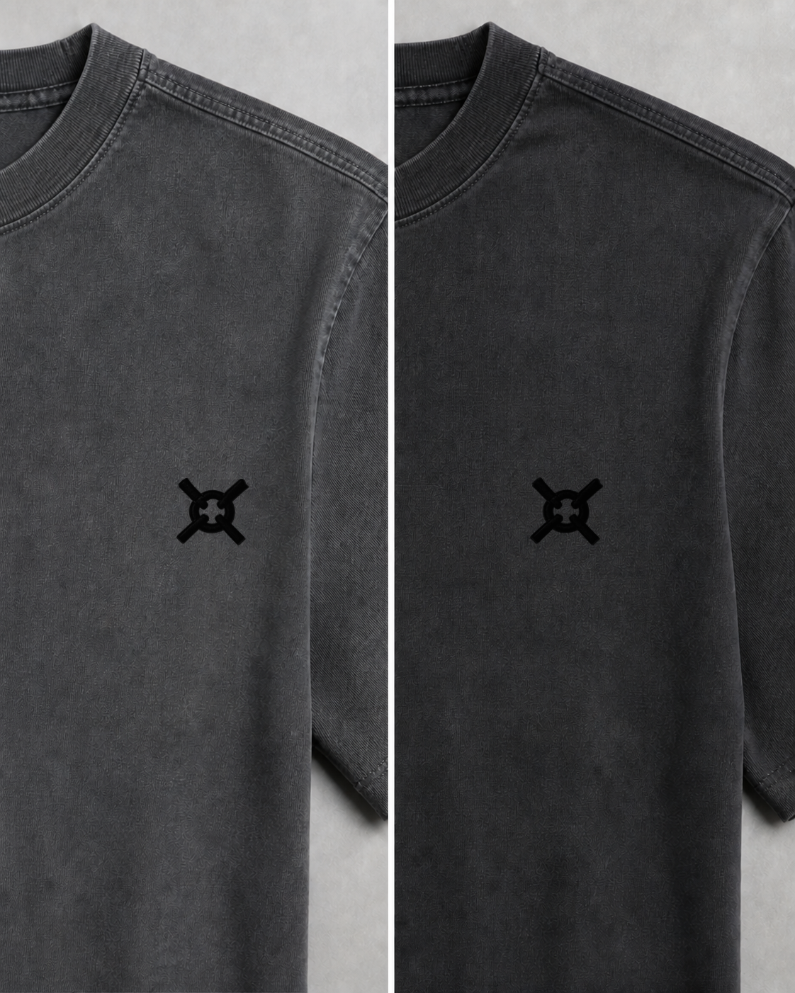 HEAVYWEIGHT TEE 왼쪽 가슴의 기존 포켓 자리 작은 표식을 보여 주는 디지털 디테일
